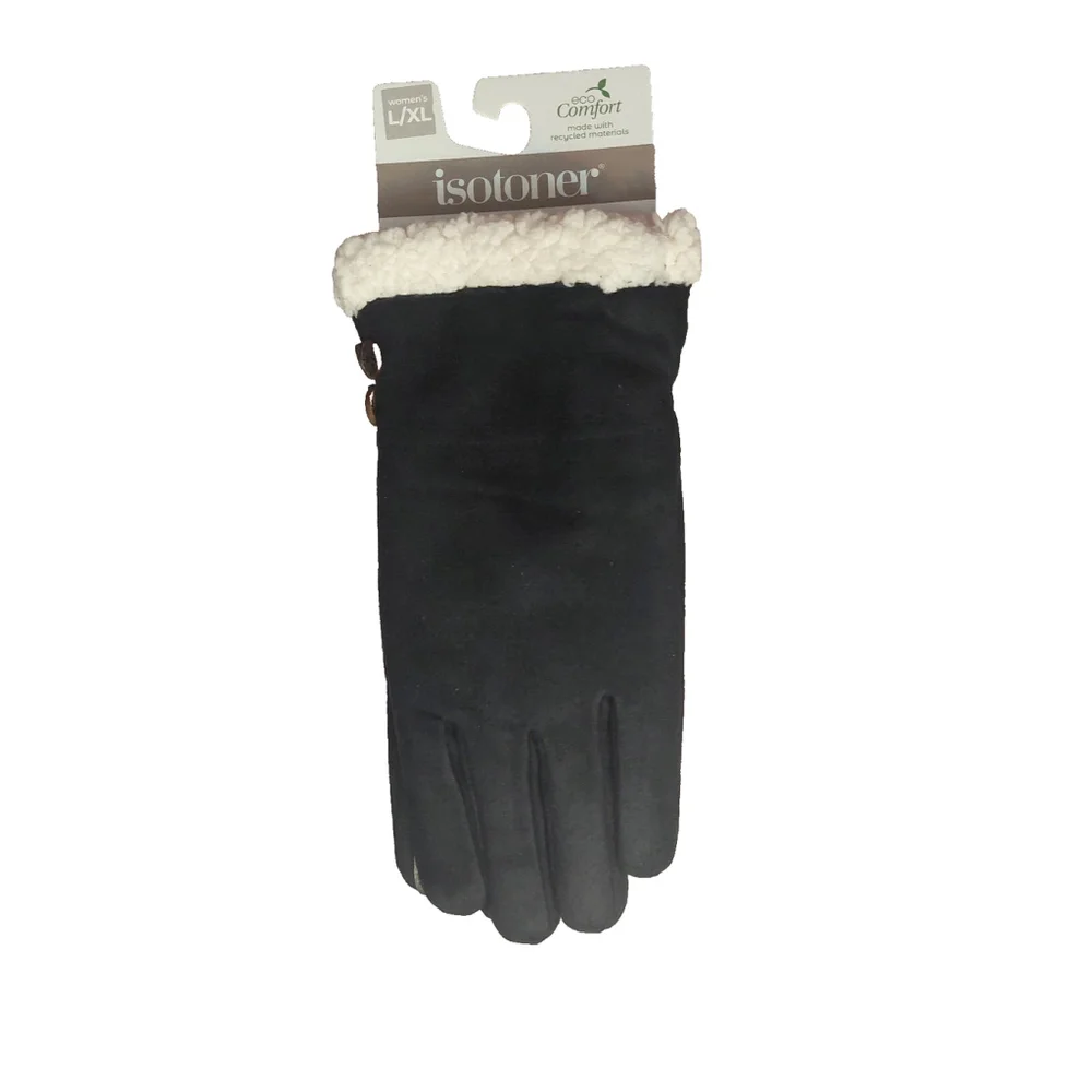 Isotoner Signature Microsuede Water-Repellent Black Gloves Fuzzy Cuffs XL NWT